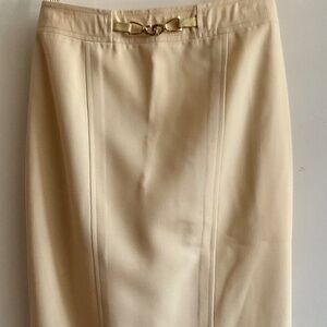 CELINE Paris Vintage Ivory Wool Pencil Skirt with leather & metal trim sz 44 FR